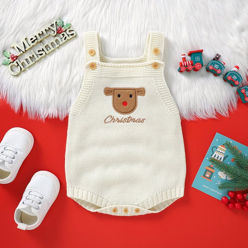 Christmas Baby Rompers, Embroidery Deer Knit Sleeveless Rompers Mimixiong