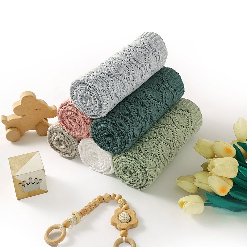 Knitted Solid Soft Cotton Pointelle Swaddling Blankets Mimixiong
