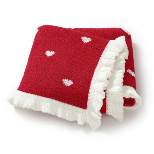 100% Cotton Hearts Pattern Christmas Red Knitted Blankets Mimixiong
