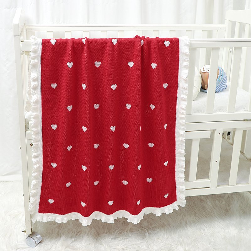 100% Cotton Hearts Pattern Christmas Red Knitted Blankets Mimixiong
