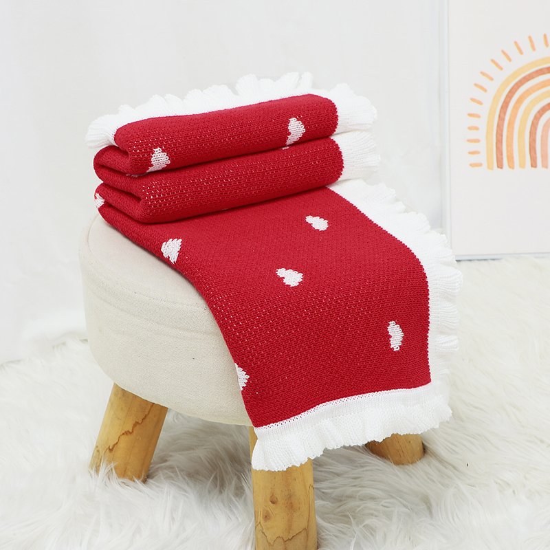 100% Cotton Hearts Pattern Christmas Red Knitted Blankets Mimixiong
