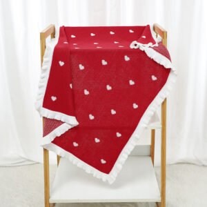 100% Cotton Hearts Pattern Christmas Red Knitted Blankets Mimixiong