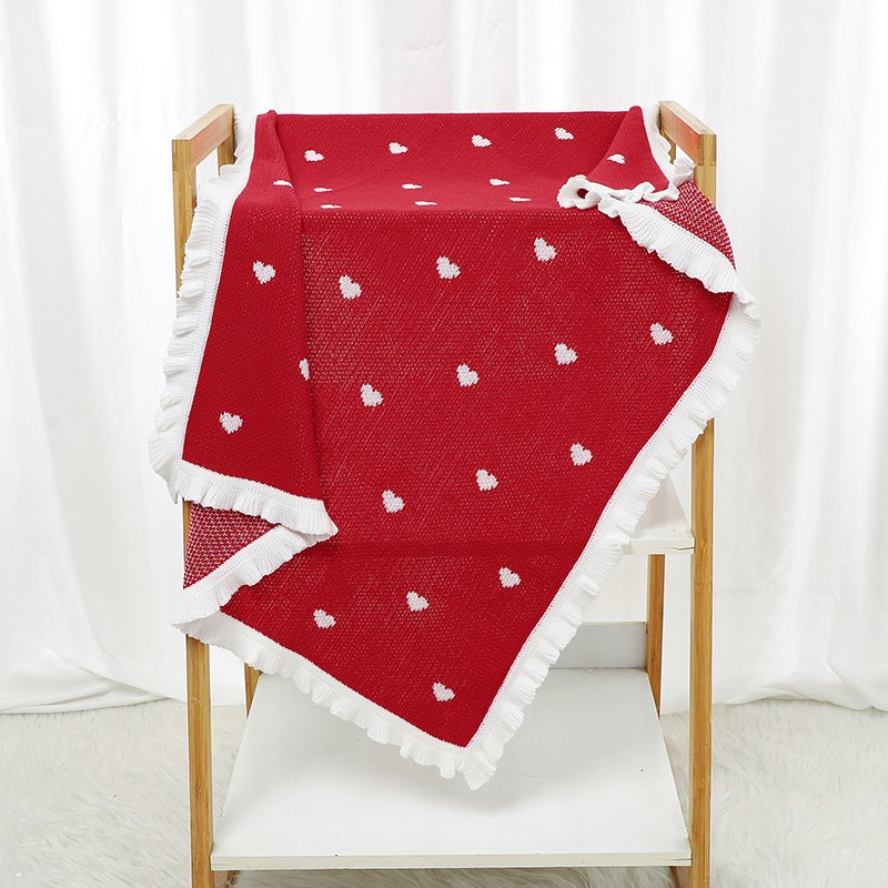 100% Cotton Hearts Pattern Christmas Red Knitted Blankets Mimixiong