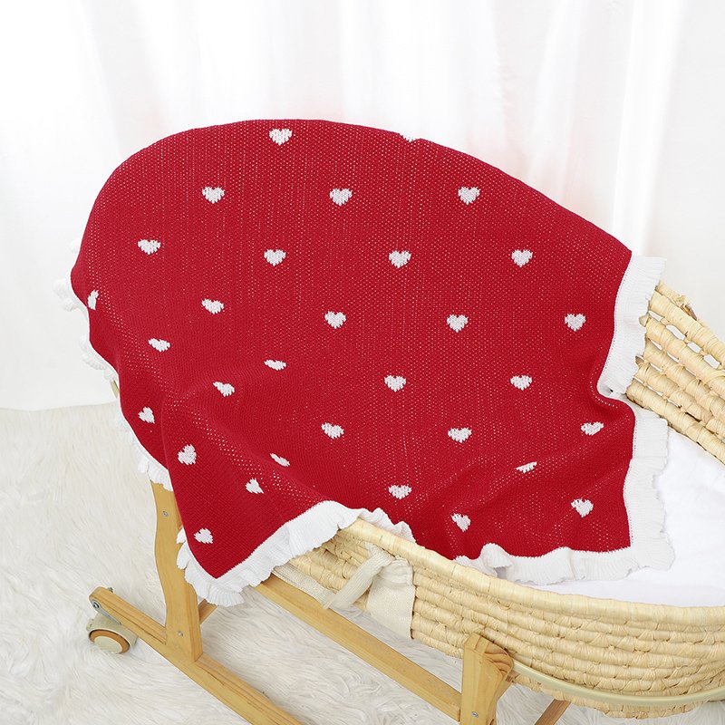100% Cotton Hearts Pattern Christmas Red Knitted Blankets Mimixiong