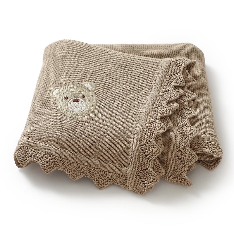 Newborn Knitted Baby Swaddle Solid Color Bear Head Embroidery Design Hollow Patterns Blankets Mimixiong
