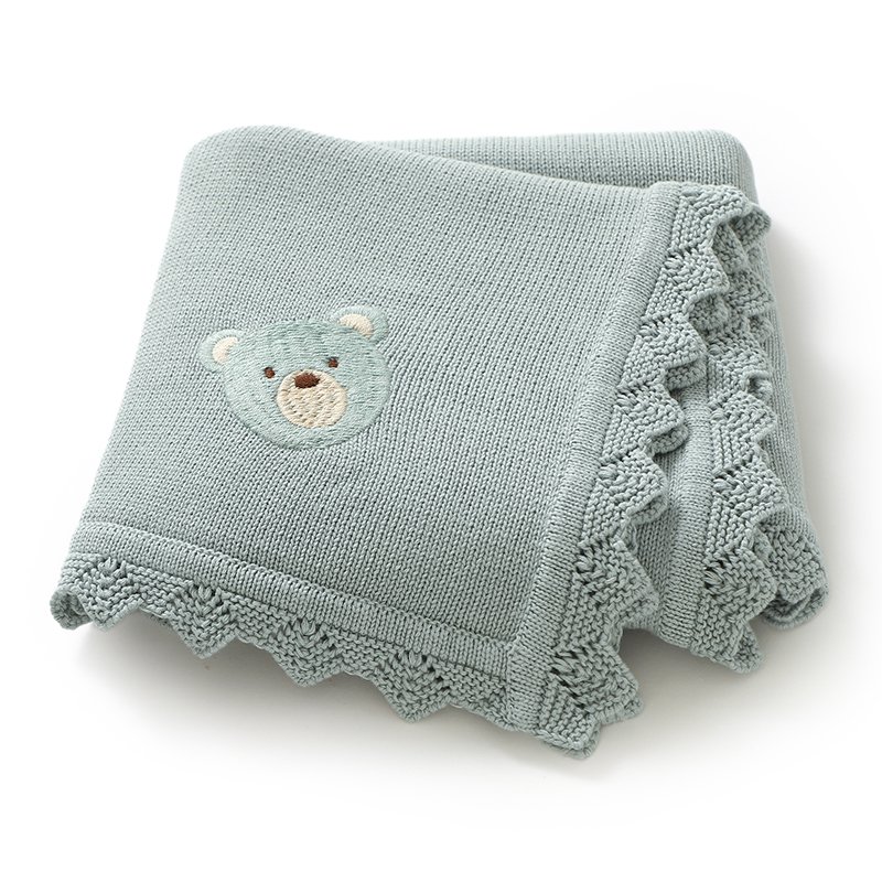 Newborn Knitted Baby Swaddle Solid Color Bear Head Embroidery Design Hollow Patterns Blankets Mimixiong