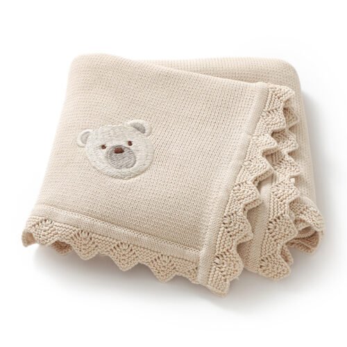 Newborn Knitted Baby Swaddle Solid Color Bear Head Embroidery Design Hollow Patterns Blankets Mimixiong