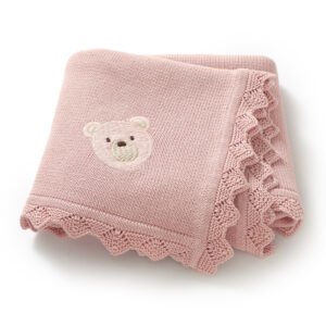 Newborn Knitted Baby Swaddle Solid Color Bear Head Embroidery Design Hollow Patterns Blankets Mimixiong