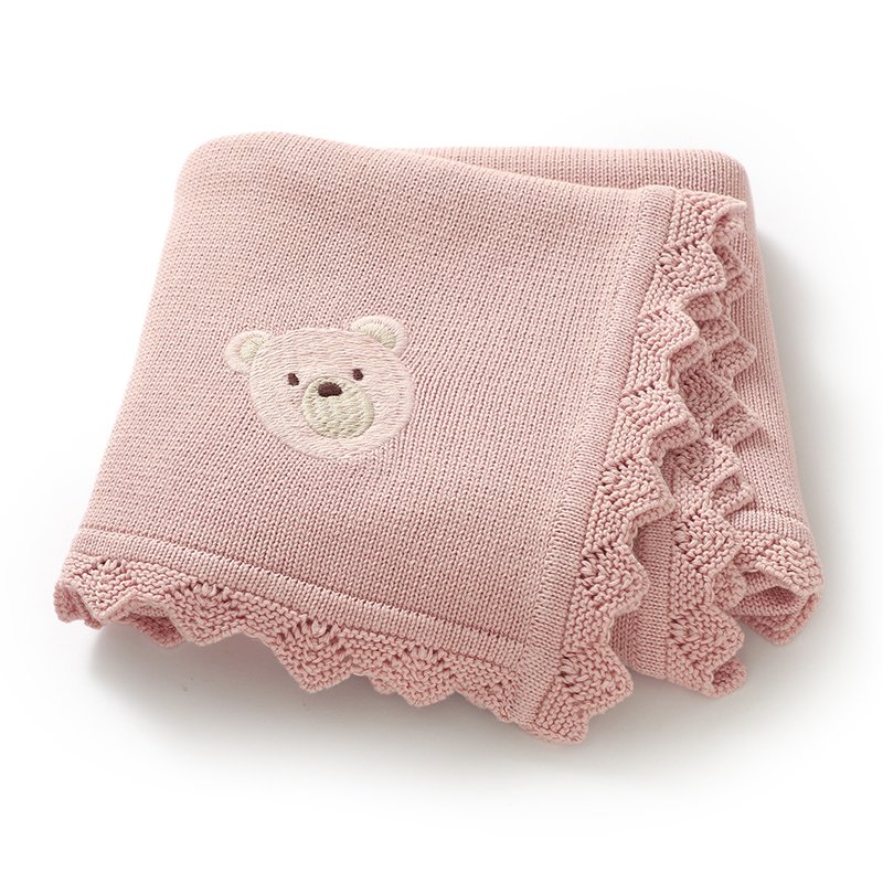 Newborn Knitted Baby Swaddle Solid Color Bear Head Embroidery Design Hollow Patterns Blankets Mimixiong