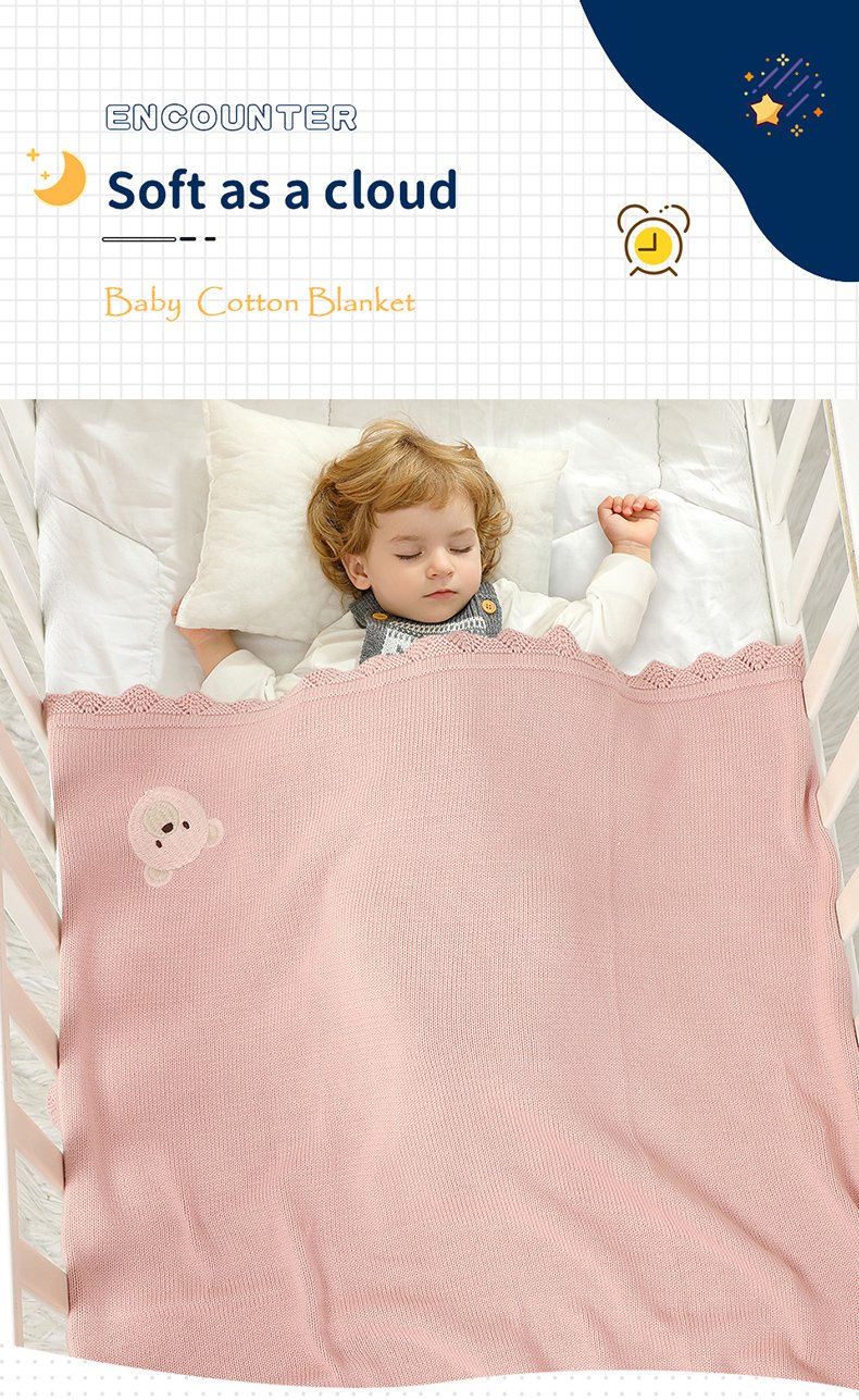 Newborn Knitted Baby Swaddle Solid Color Bear Head Embroidery Design Hollow Patterns Blankets Mimixiong