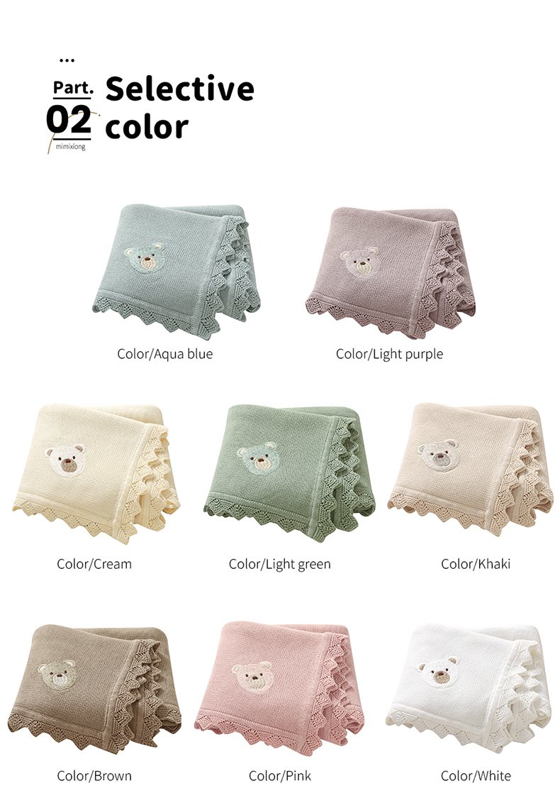 Newborn Knitted Baby Swaddle Solid Color Bear Head Embroidery Design Hollow Patterns Blankets Mimixiong