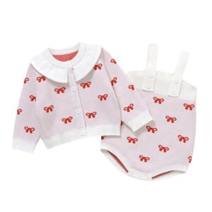 Mimixiong Hot Sale Knitted Lovely Pattern Newborn Newborn Infant Baby Long Sleeve Romper and Coat Jersey Gauge Clothing 2pcs Set
