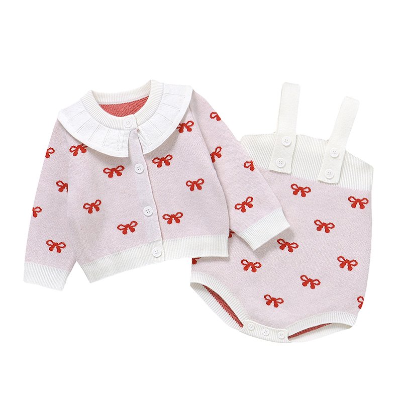 Mimixiong Hot Sale Knitted Lovely Pattern Newborn Newborn Infant Baby Long Sleeve Romper and Coat Jersey Gauge Clothing 2pcs Set