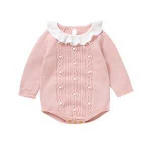 Mimixiong Hot Sale Baby Romper Long Sleeve Dot Cotton Ruffle Collar Knitted Baby Jumpsuits
