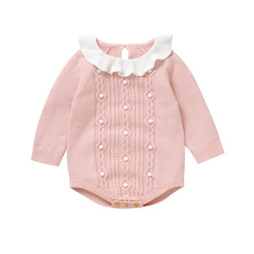 Mimixiong Hot Sale Baby Romper Long Sleeve Dot Cotton Ruffle Collar Knitted Baby Jumpsuits